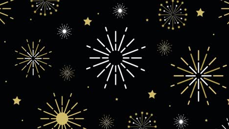 Animation of exploding white and gold fireworks scrolling on black background