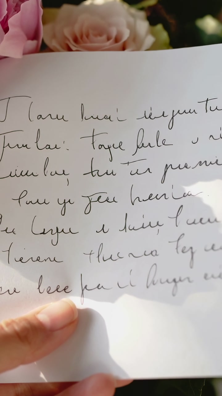 Vertical video: Entering hand holding white paper, revealing cursive text in garden with pink peony