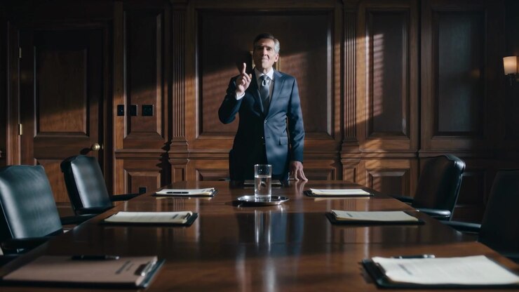 Raising palm and calming room, manager in dark suit speaking at boardroom table with folders, glass