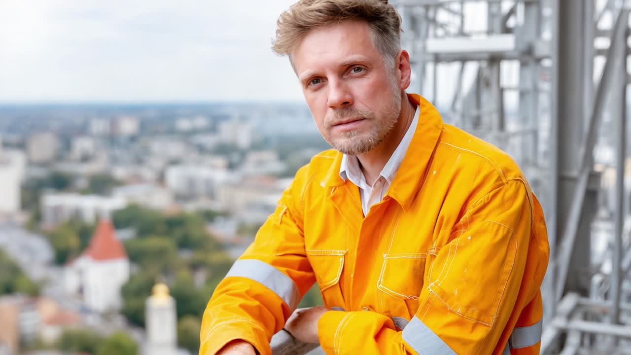 A Construction Worker Contemplating Life: Balancing Hard Work and Reflection Amidst the Urban Skyline in a Vibrant Orange Safety Jacket