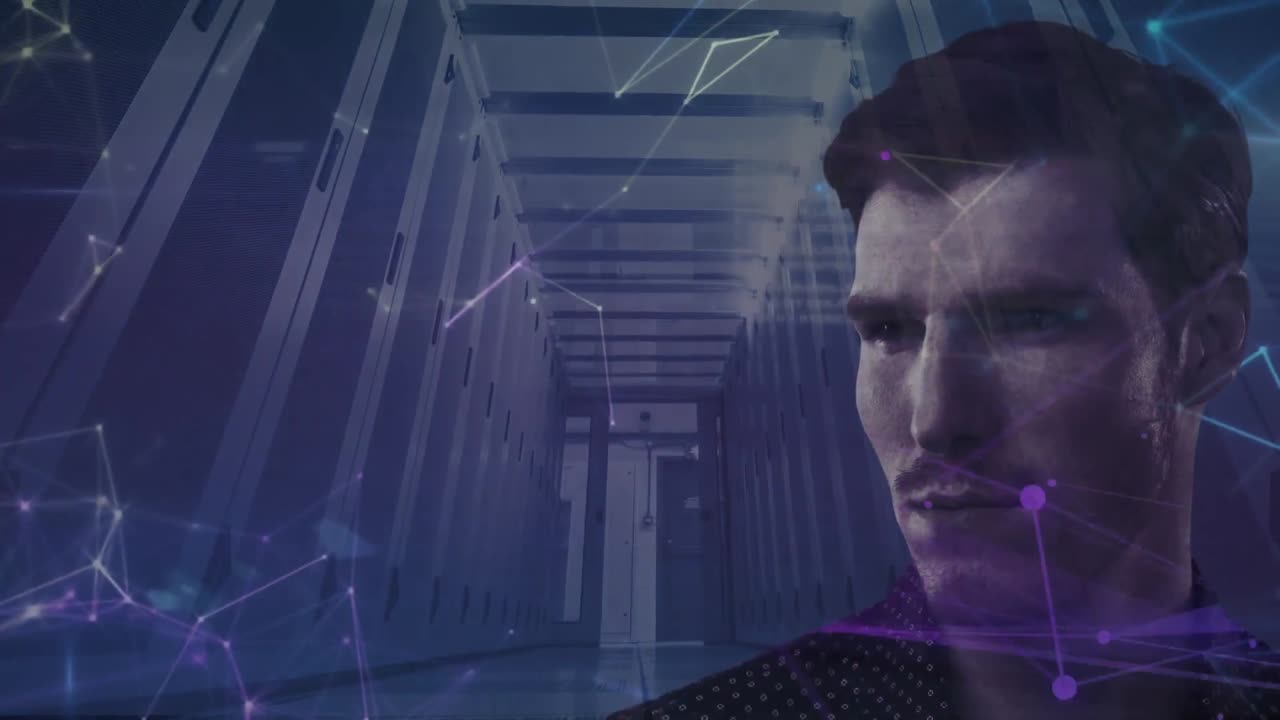 retrato de un hombre con servidores informáticos en la sala de tecnología, procesamiento de datos informáticos y red de conexiones
