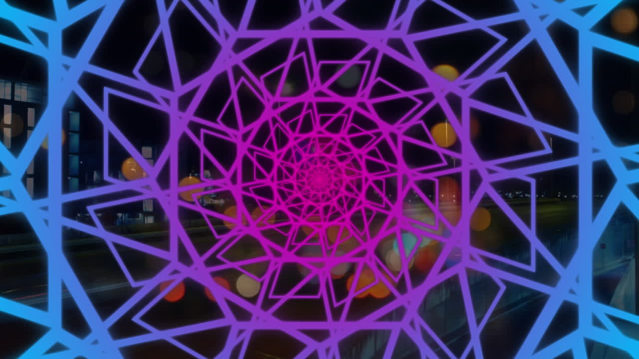 animación de red rosa y azul moviéndose sobre el paisaje urbano nocturno borroso