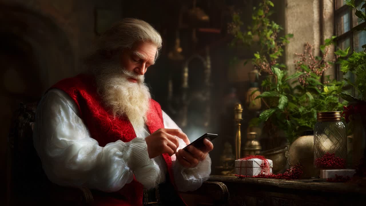 Santa Claus in a Cozy Workshop: Engaging with Technology While Surrounded by Christmas Spirit and Holiday Decorations, Merging Tradition with Modern Communication Tools