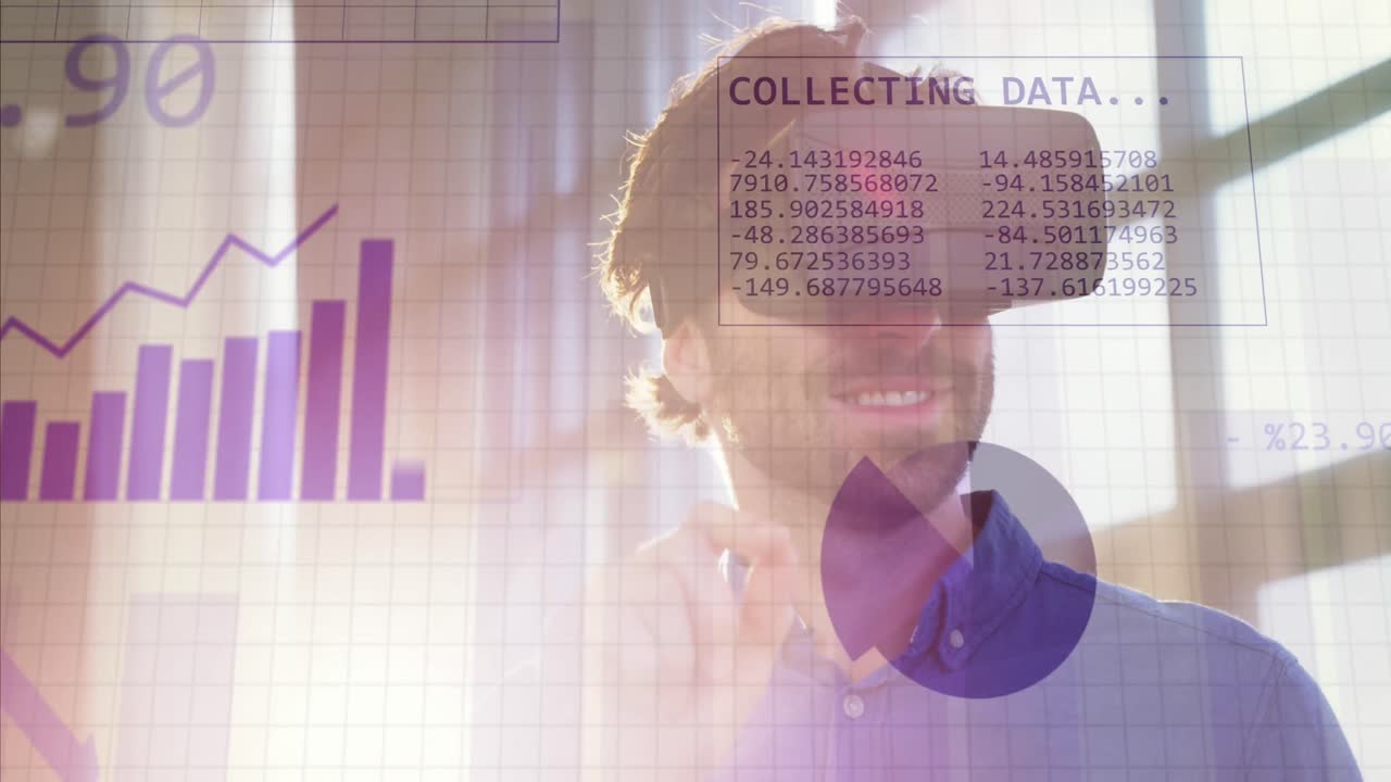 animación del procesamiento de datos financieros sobre un hombre de negocios caucásico que usa auriculares vr en la oficina