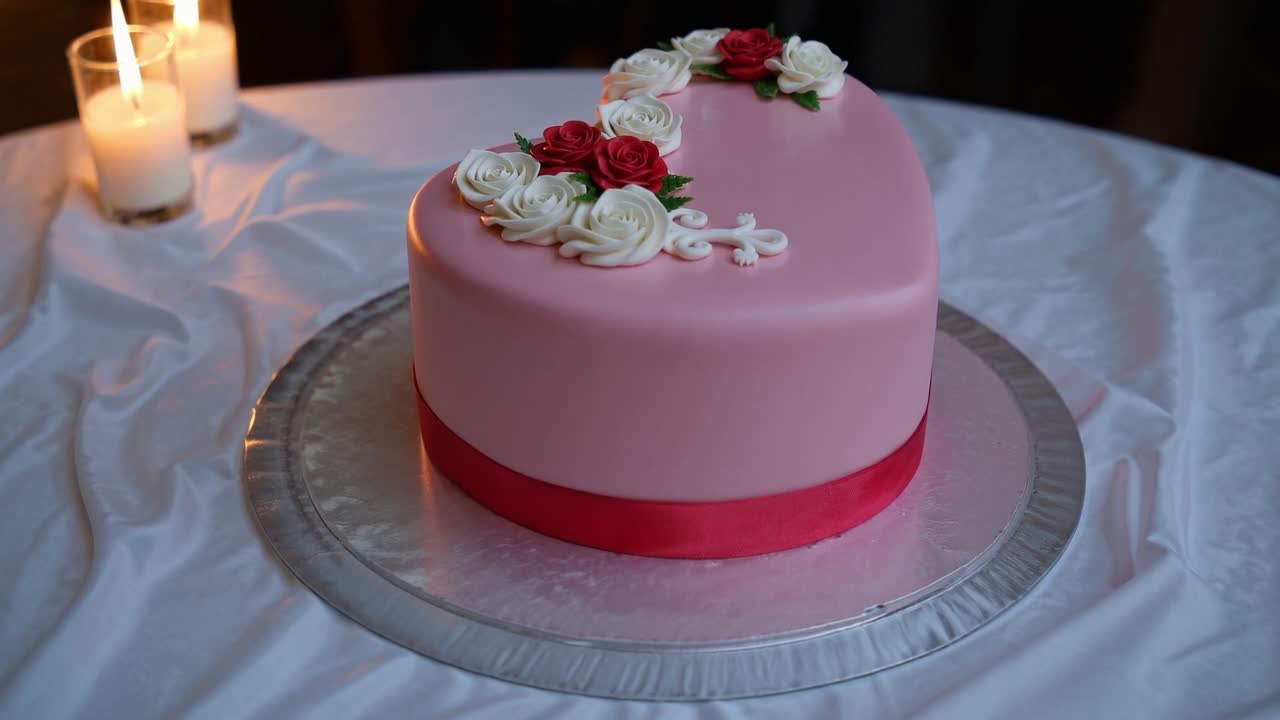 Torta a forma di cuore decorata con delicate rose ed eleganti nastri, presentata magnificamente su un tavolo con illuminazione soffusa, creando un'atmosfera romantica per le celebrazioni