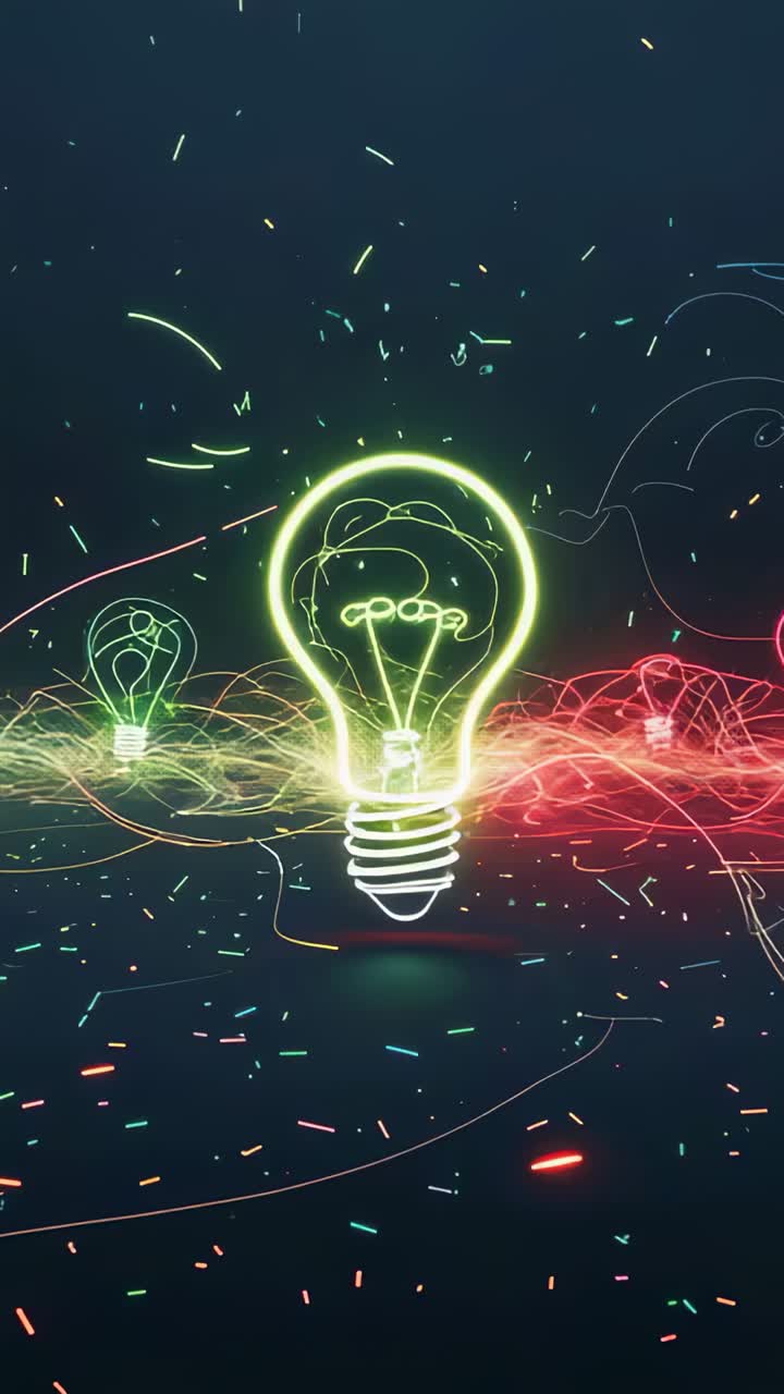 Vertical video: Opening scene showing green and red lines forming three bulbs in void, with sparks
