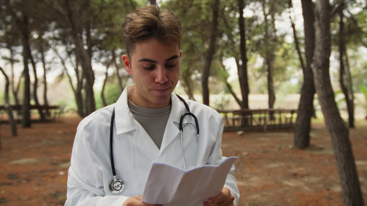 Médico lee el diagnóstico de un paciente en un parque con árboles fuera del hospital.