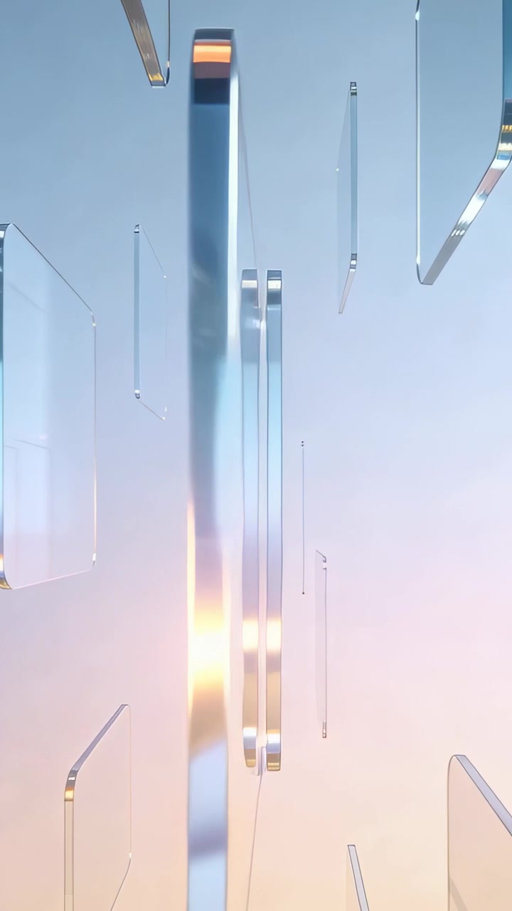 竖屏视频：漂浮的玻璃板在渐变背景中开始旋转，细线增添层次感。