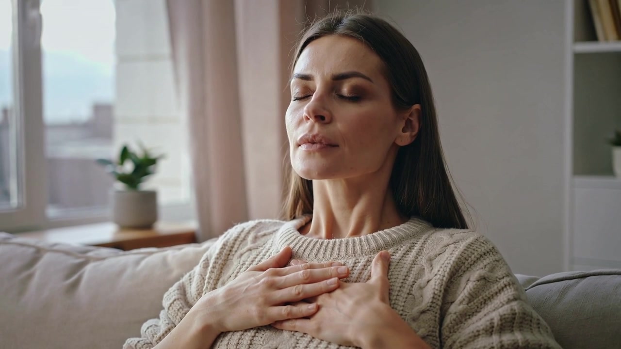 Mulher de suéter creme, com os olhos fechados, respirando profundamente no sofá junto à janela, com uma planta por perto, calma.