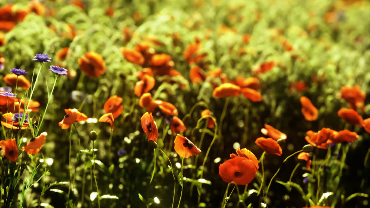Vibrant poppy field under warm sun brings joy in springtime bloom