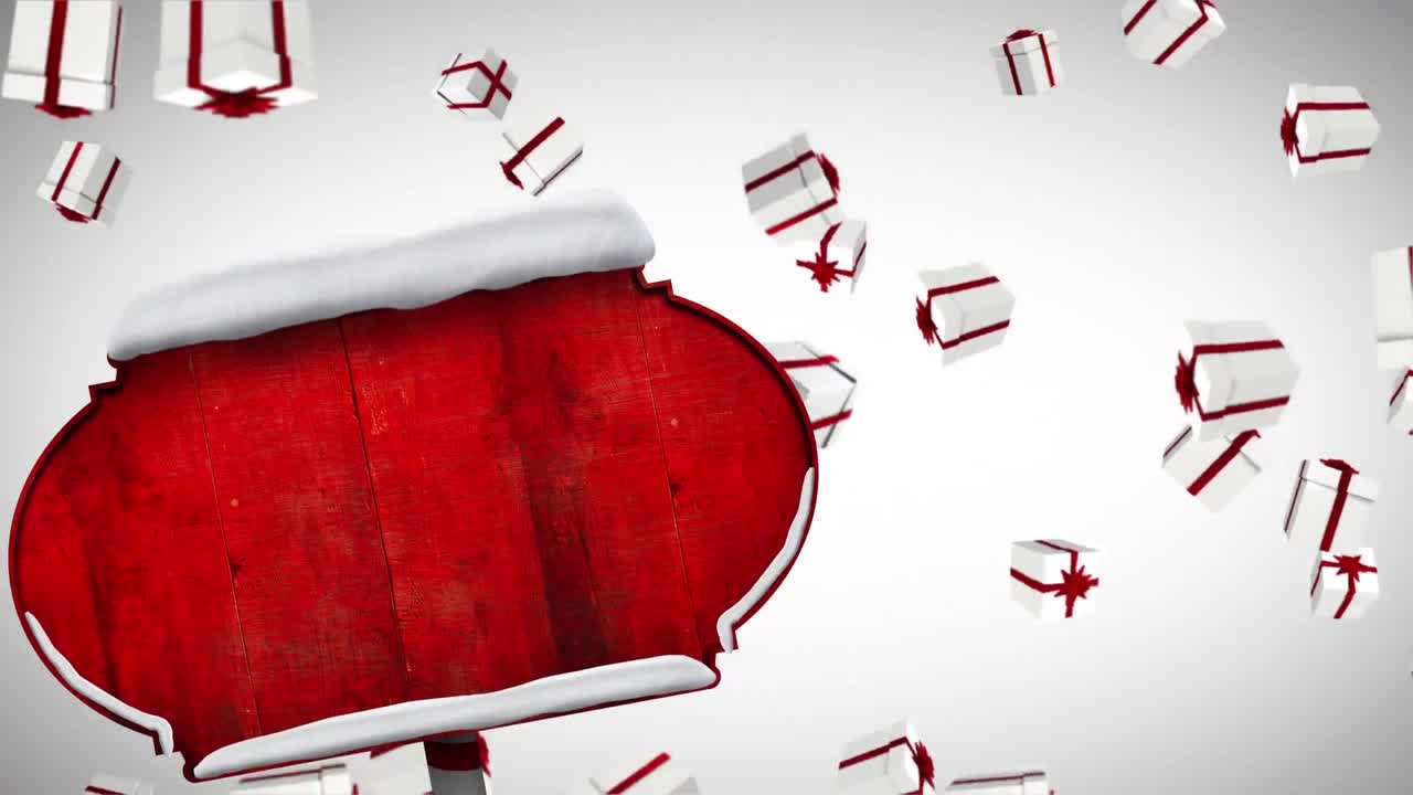 poste de cartel rojo sobre múltiples iconos de regalos de navidad que caen contra un fondo gris