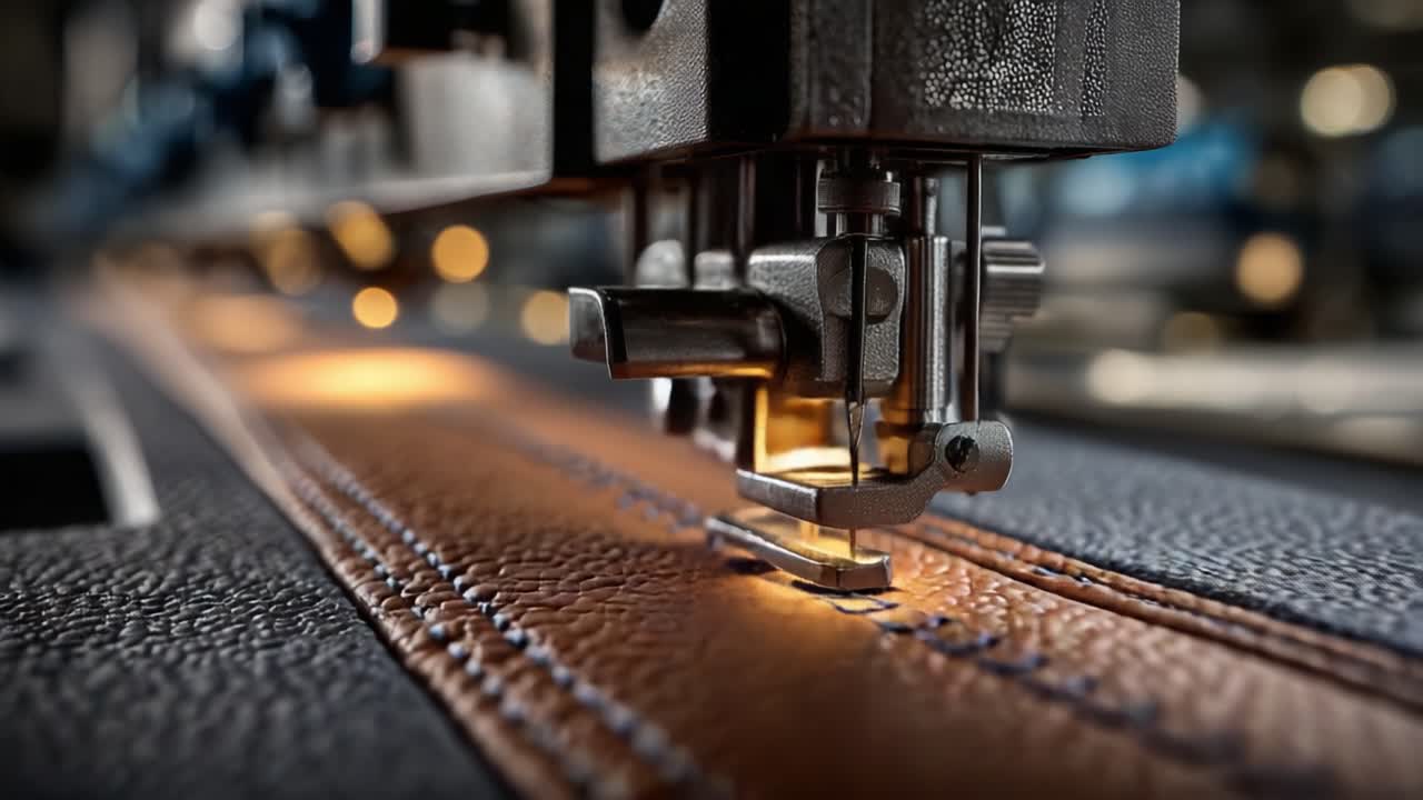 Precision Crafting: Close-up of a High-Quality Sewing Machine Stitching Leather, Showcasing the Intricate Details and Artisan Techniques in Leather Goods Production