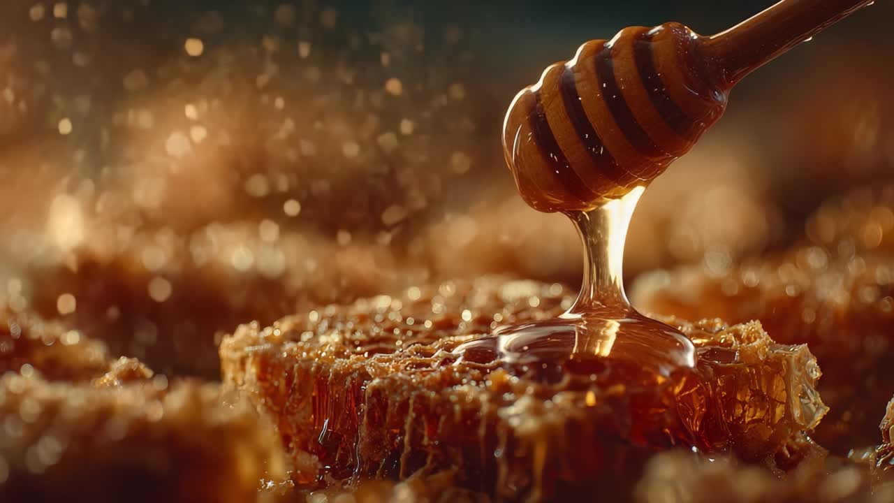 Primo piano accattivante di miele scintillante che cola da un mestolo di legno su favi freschi, mostrando la dolcezza naturale e la consistenza del nettare dorato.