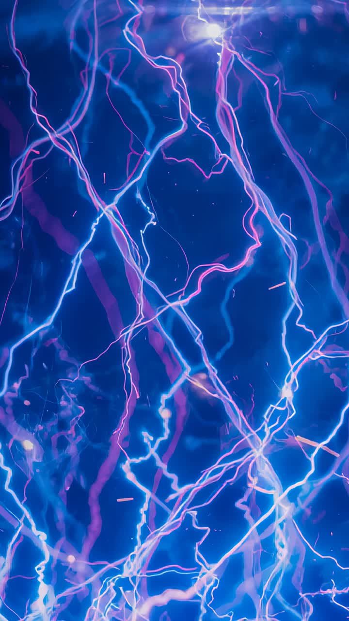 Vertical video: Shifting neon streaks flowing across deep-blue field, showing bright top flare