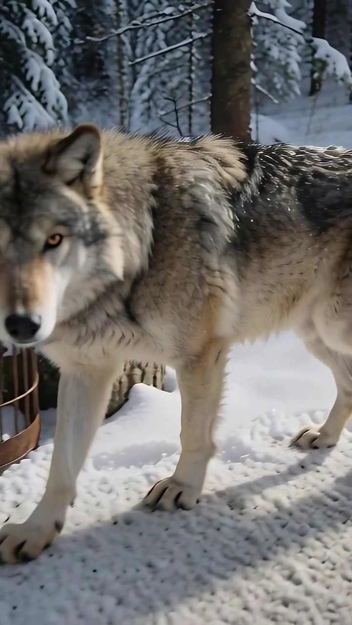 Vertical video: Shifting gray wolf stepping off rock crossing pine woods pausing to face camera