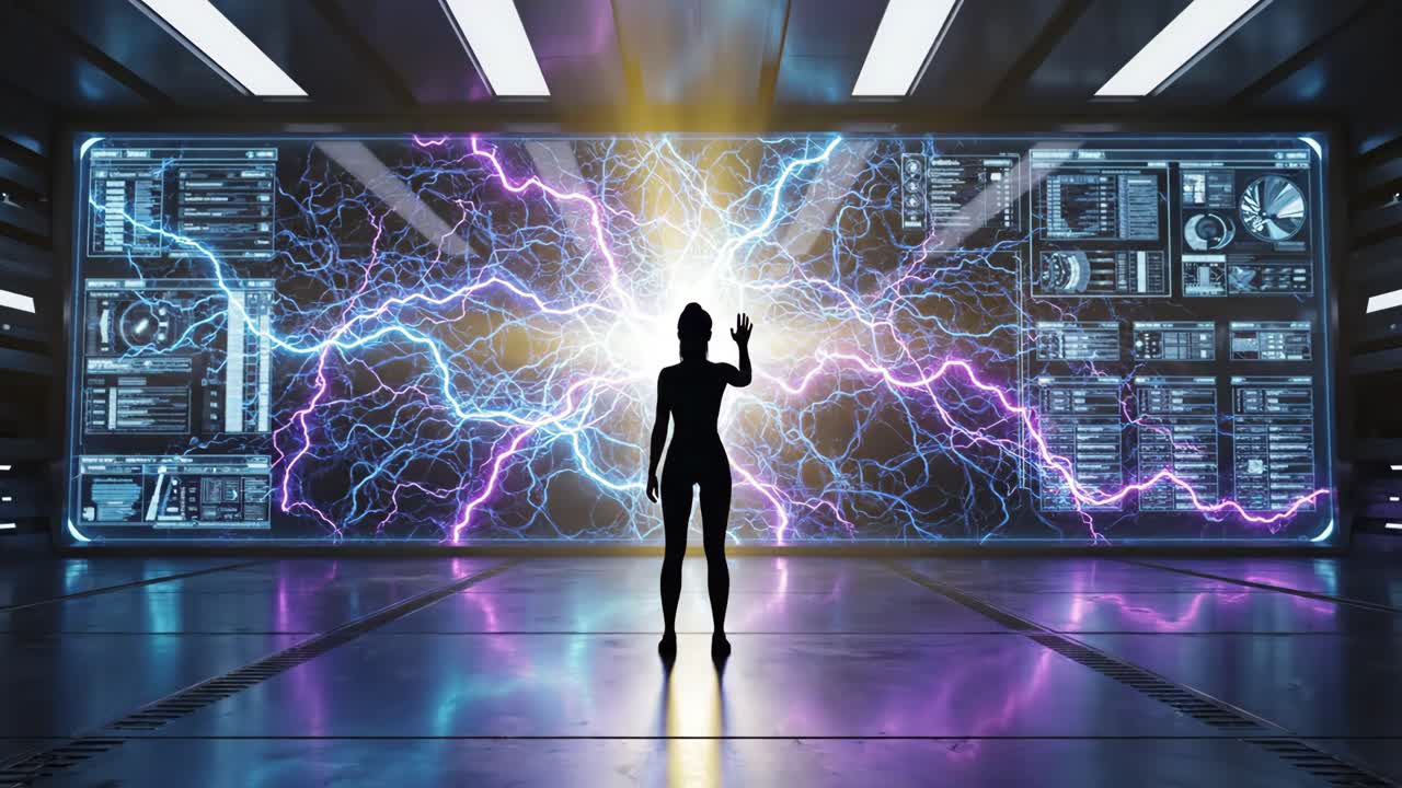 Futuristic Technology Interface with Lightning and Silhouette