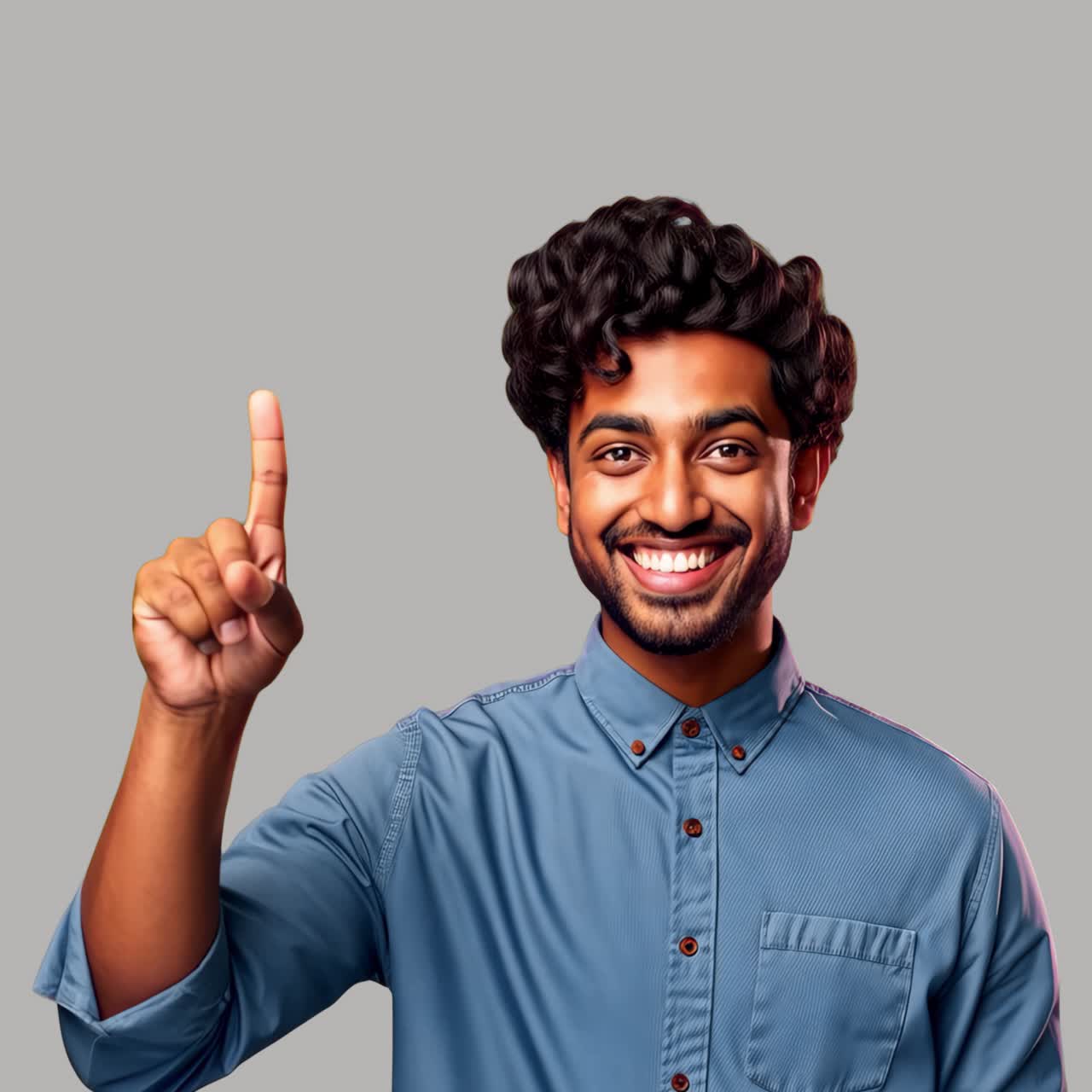 Smiling man pointing upward animation isolated asset, transparent 4K video, alpha channel, ProRes