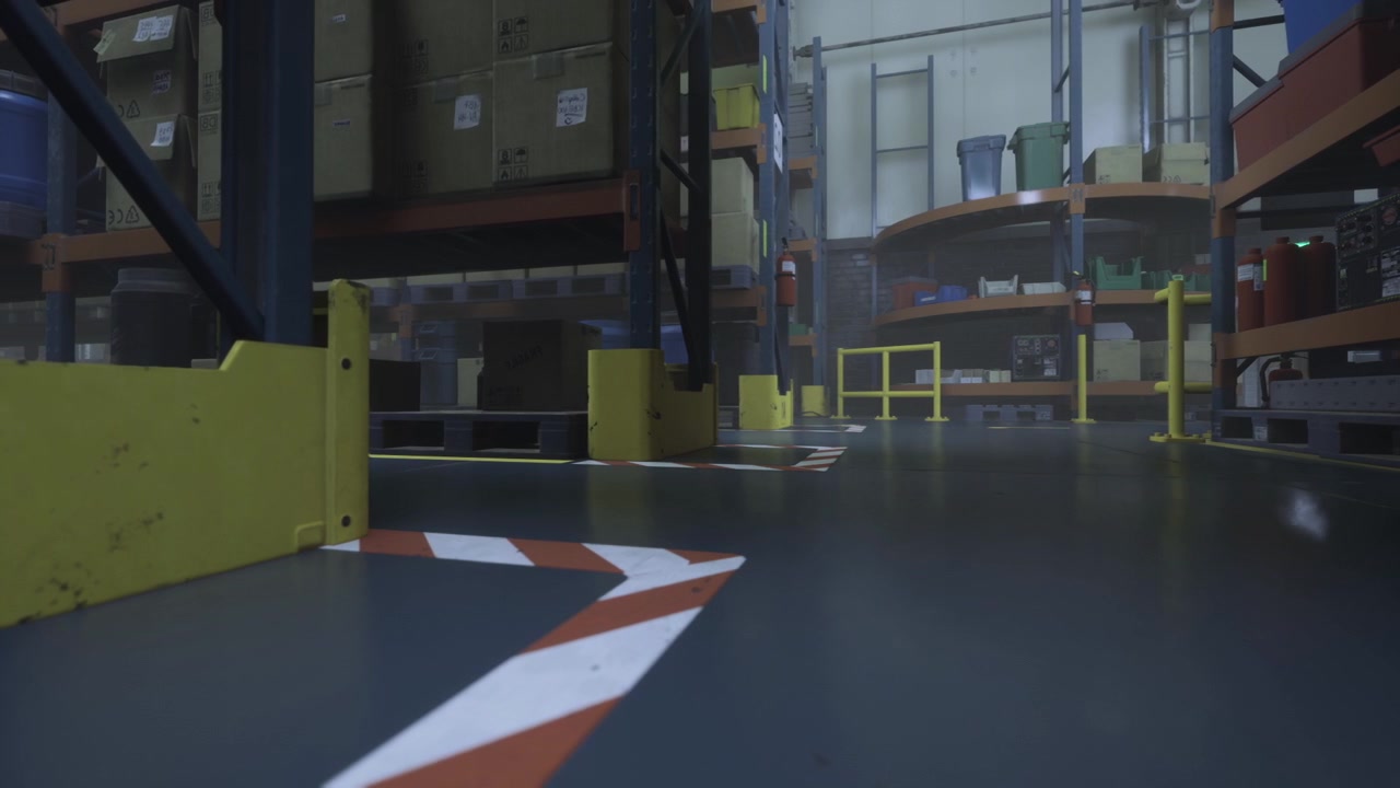 Exploring a busy warehouse with stacks of boxes and organized shelves