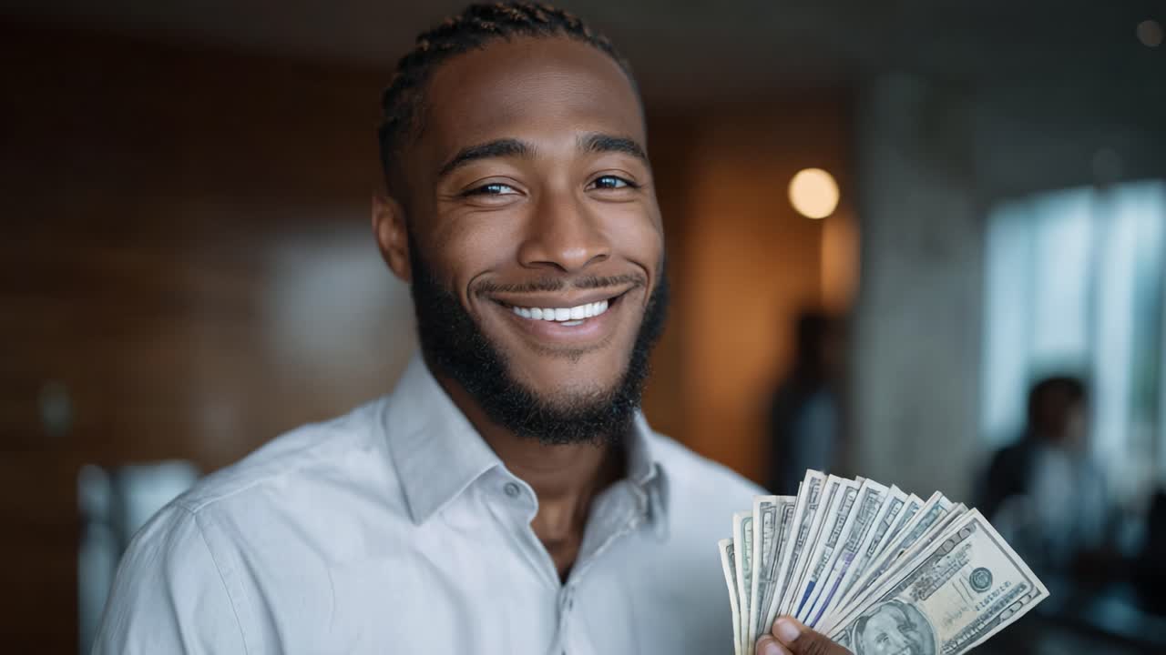 Uomo felice che mostra con orgoglio una ventola di contanti, irradiando sicurezza e positività in un ambiente professionale ma rilassato, enfatizzando il successo finanziario e la felicità