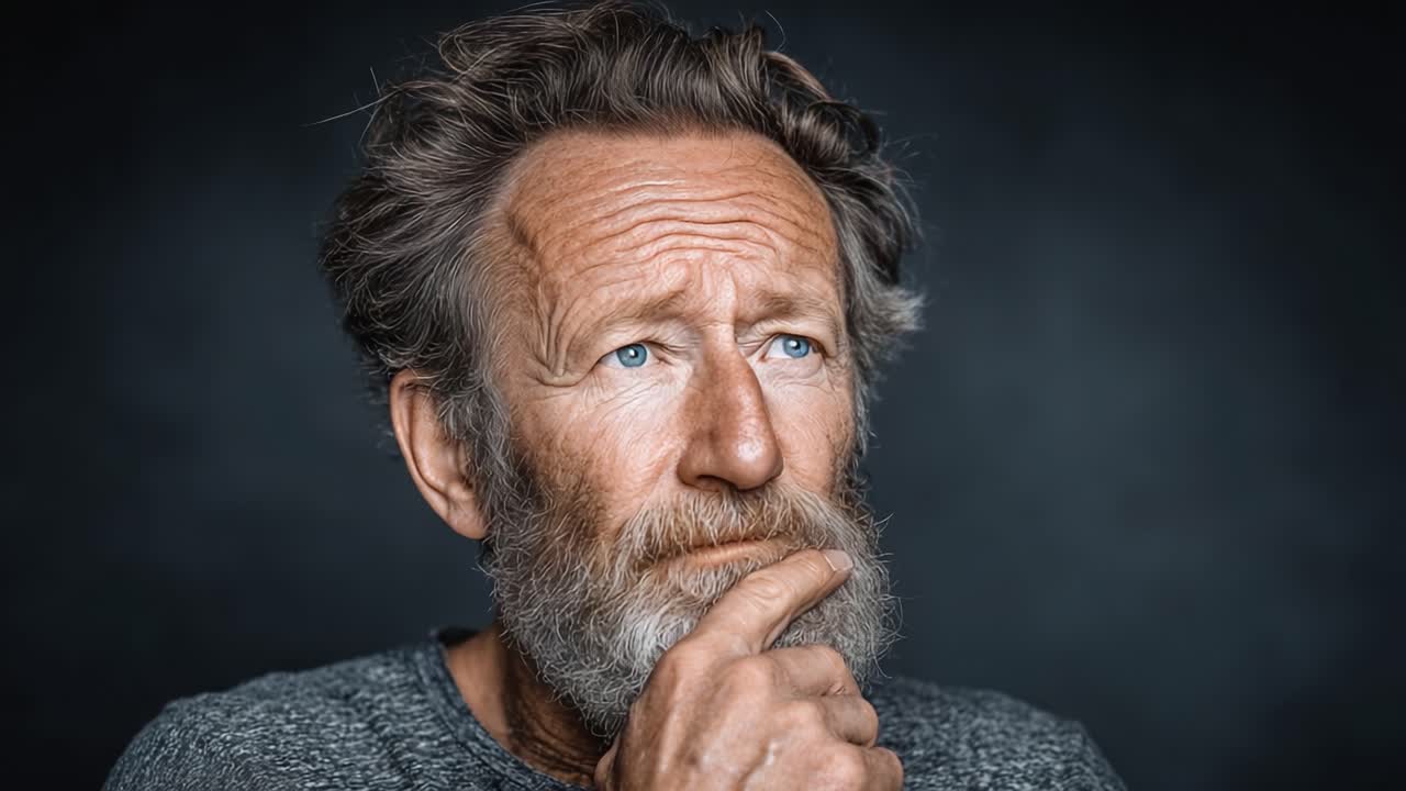 A contemplative moment captured in two frames, highlighting an older man's thoughtful expression as he ponders deep thoughts against a muted background