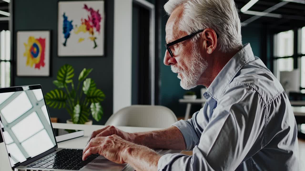 Side angle view of an elderly man typing on a laptop in a modern office