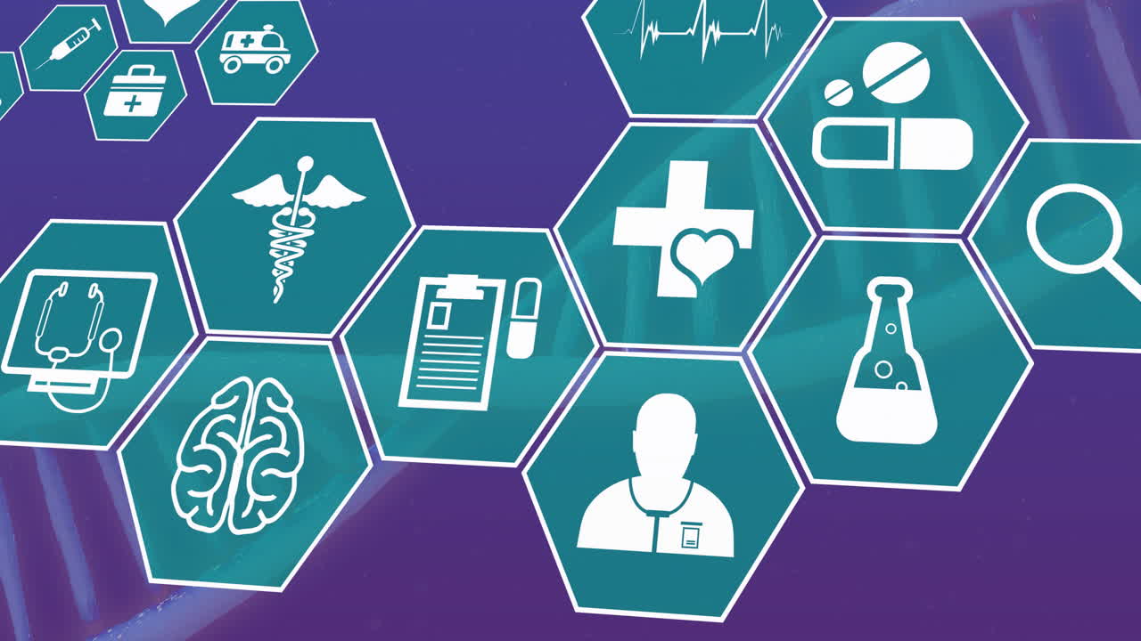 animação de uma rede de ícones médicos sobre uma cadeia de adn em fundo azul