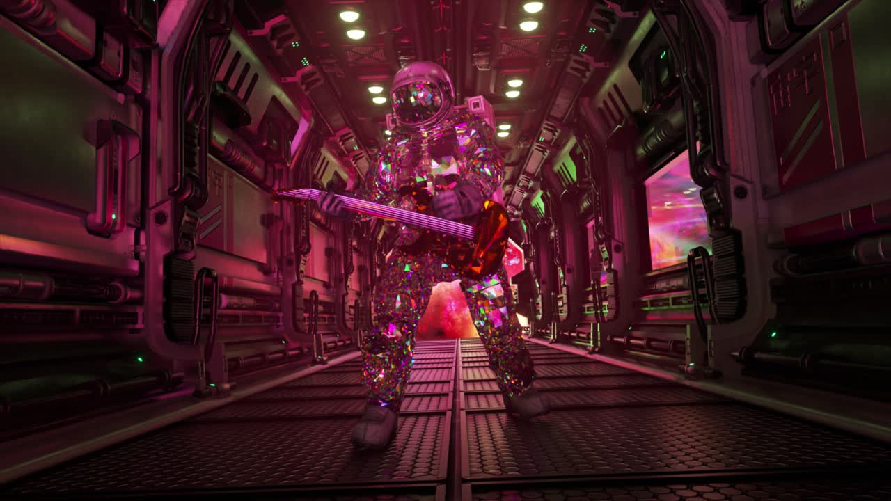 우주선 복도에서 기타를 연주하는 우주비행사