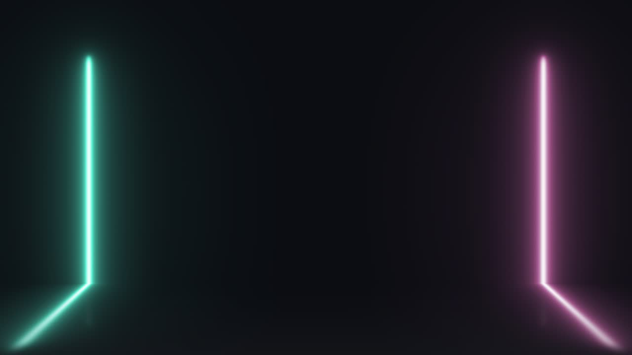 Introduction animation featuring a sleek vertical neon bar, bursting into vibrant turquoise and magenta hues, as it splits into two, with a 3D reflection creating the illusion of a portal opening up