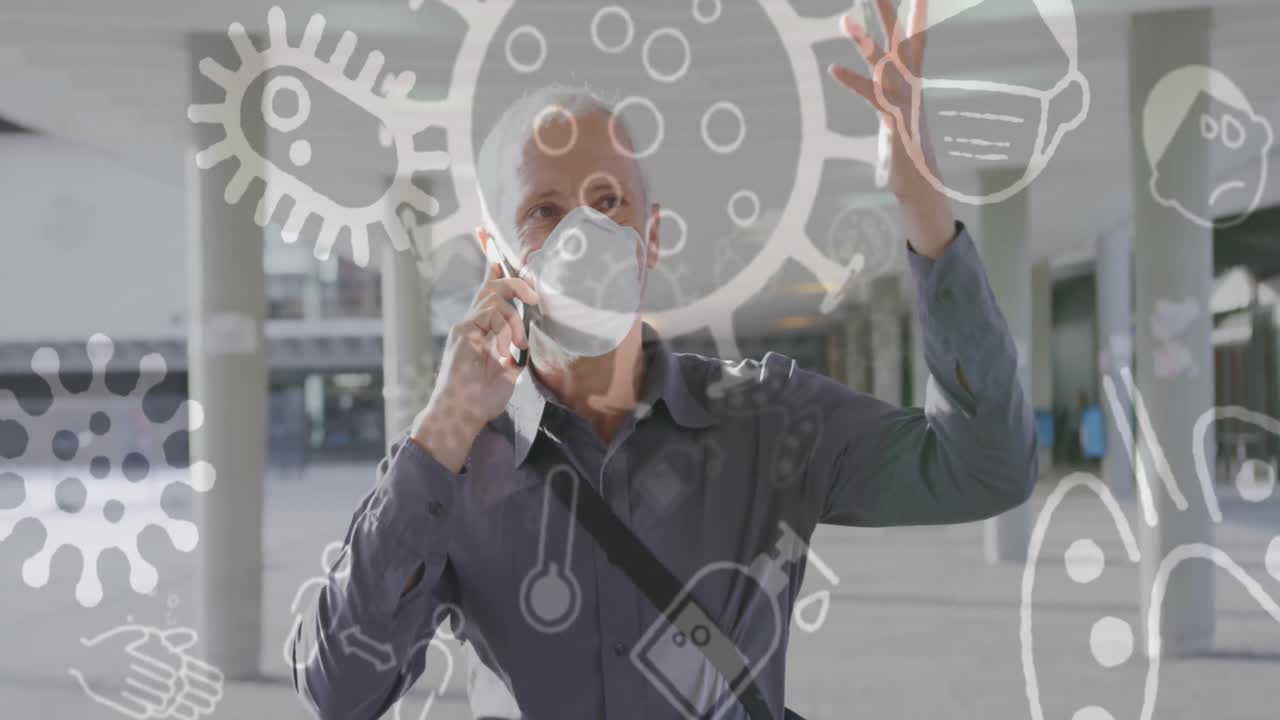 animación de células de covid-19 sobre un hombre mayor que usa una máscara facial