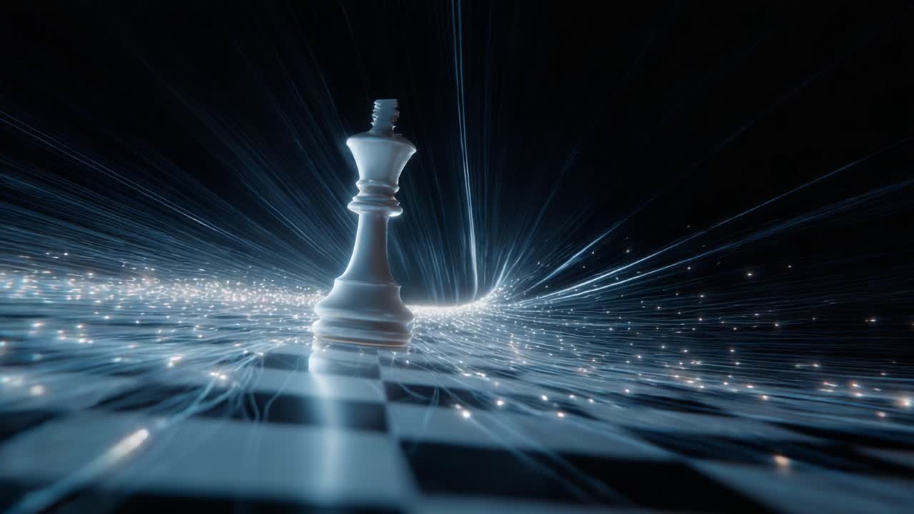 White king piece moving across a futuristic chessboard. Generating a flow of glowing light and particles representing data. Information. And digital strategy in a concept of business or technology