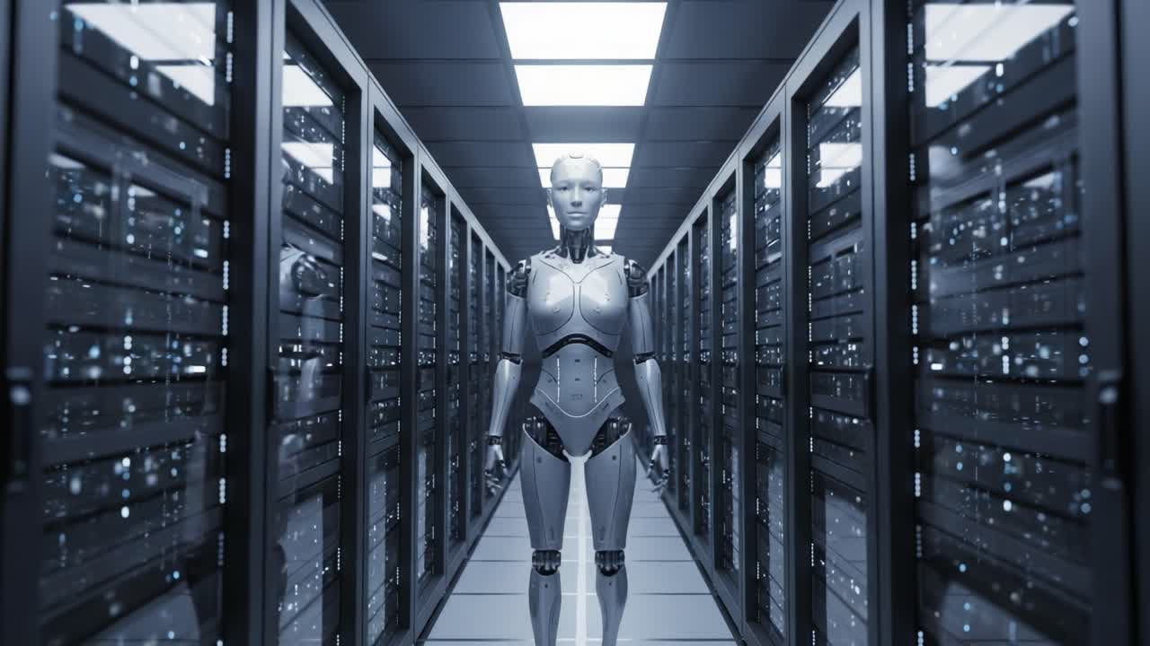 A humanoid robot standing in a futuristic data center, showcasing advanced technology amidst rows of powerful server racks, embodying the intersection of robotics and artificial intelligence