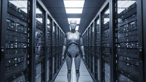 a humanoid robot standing in a futuristic data center, showcasing advanced technology amidst rows of powerful server racks, embodying the intersection of robotics and artificial intelligence