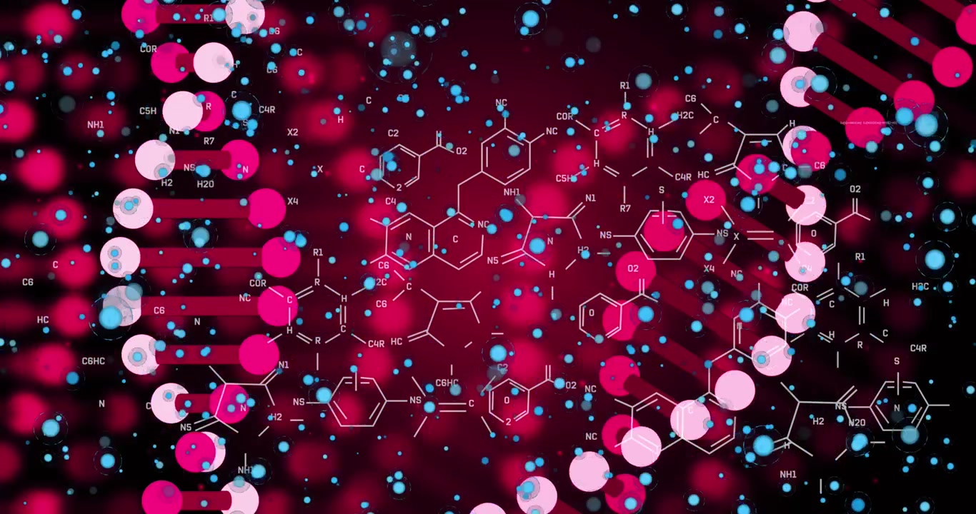 Animación de ADN 3D rosa girando con moléculas y partículas azules en una interfaz digital.