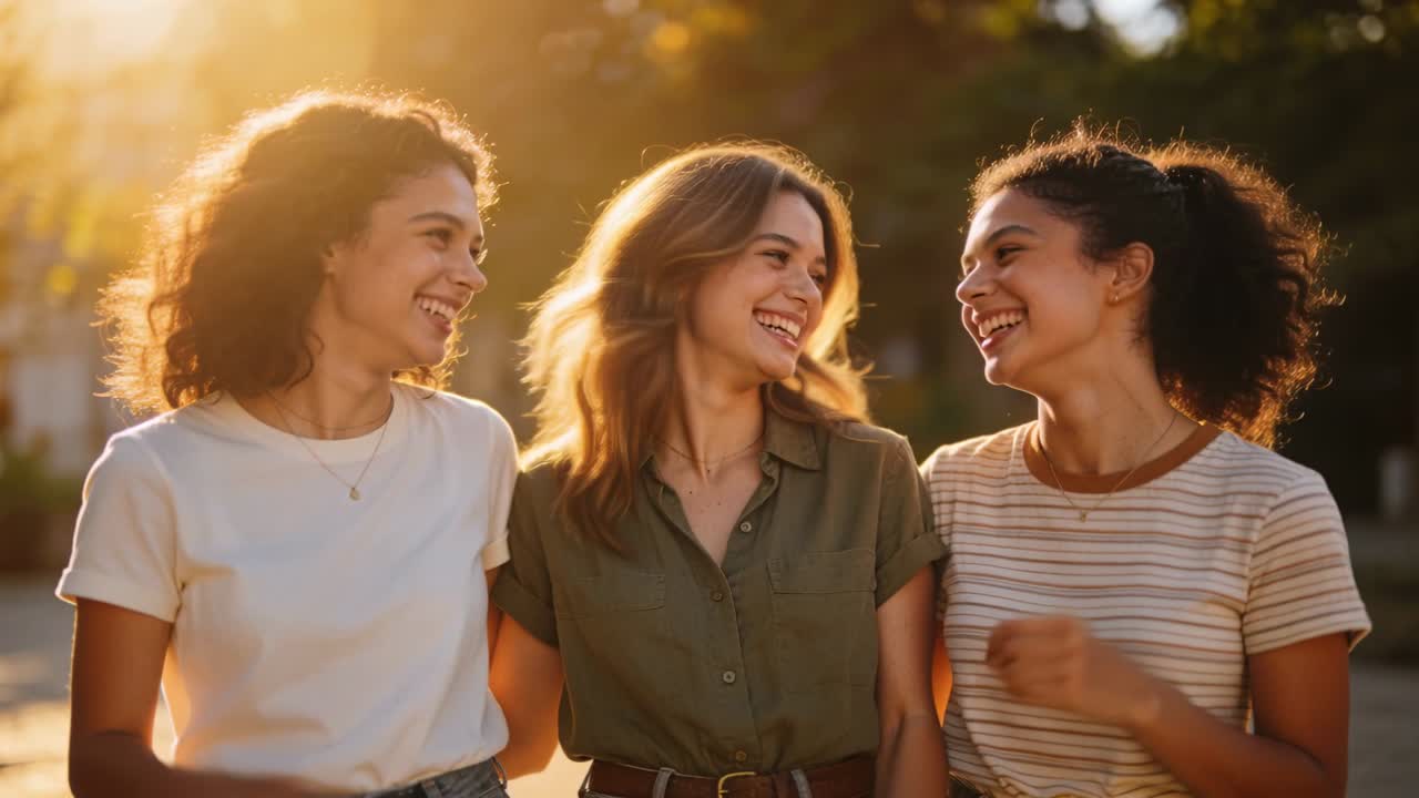 Três amigas sorrindo e de braços dados, rindo e caminhando animadamente por uma rua ensolarada, com pingente e cinto.