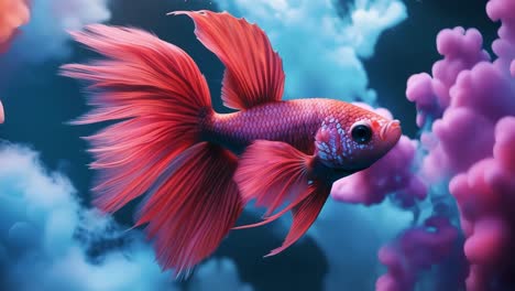 vibrant bettas in water. a betta fish with bright red fins swims gracefully through colorful underwater clouds in a serene environment.