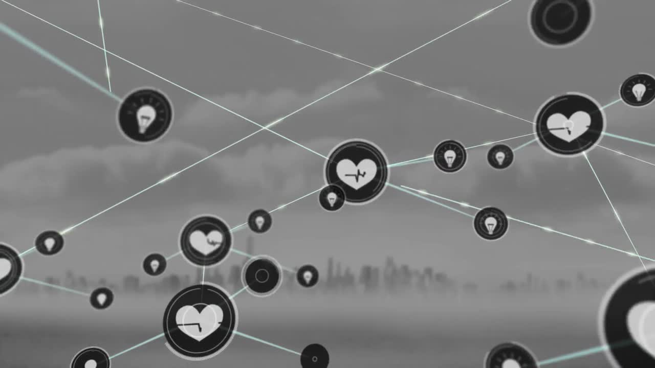 디지털 아이콘의 네트워크의 애니메이션 도시 풍경의 공중 뷰에 대하여