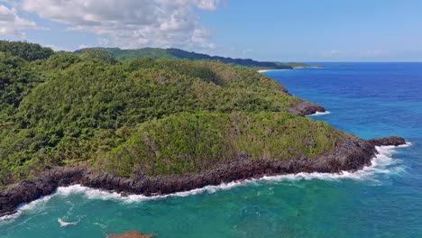 exotic rocky coastline with dense forest in the caribbean, aerial orbit