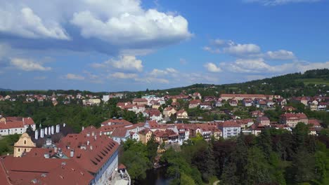 cathedral-church-tower-spire-Magic-aerial-top-view-flight-Czech-Republic-historical-Cesky-Krumlov-Vltava-river-in-summer-time-2023,-world-heritage-in-Bohemia