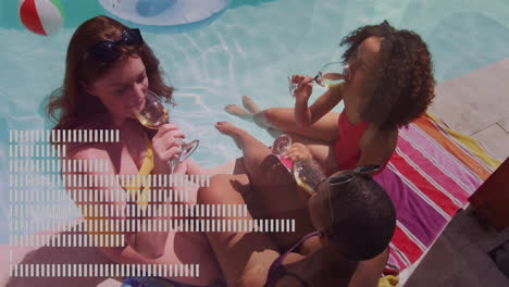 by poolside, women in swimsuits holding drinks with abstract animation overlay