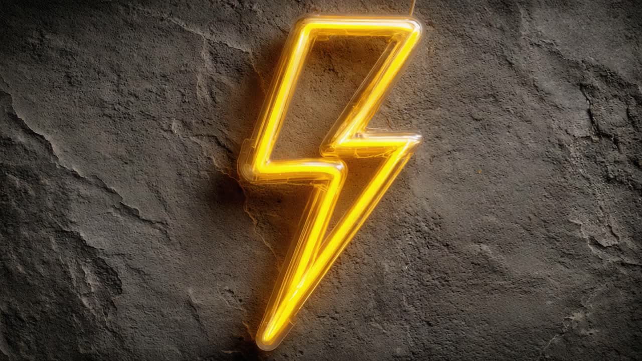 A striking neon lightning bolt illuminates a textured gray wall, creating an energetic and vibrant atmosphere perfect for evoking creativity and excitement