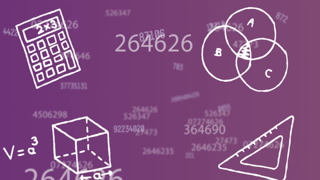 animación digital del icono del concepto geométrico contra múltiples números cambiantes en un fondo púrpura