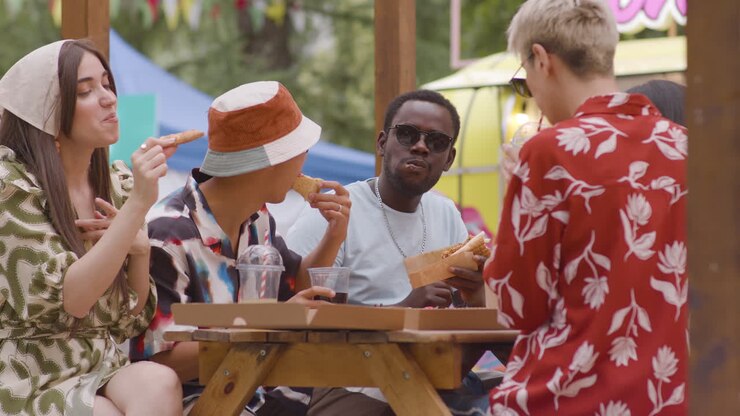 Amici che mangiano al parco