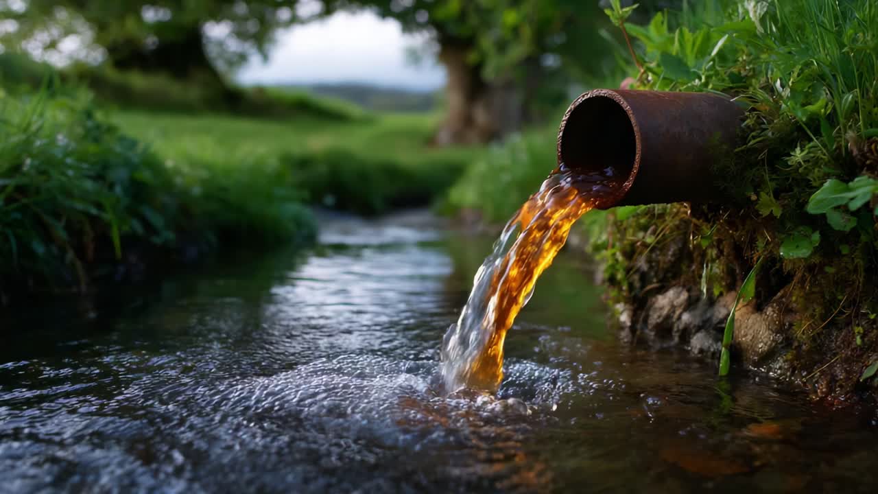 Flowing Water from Rusty Pipe into Stream Surrounded by Lush Greenery and Trees, Captured in Serenity of Nature's Landscape During Golden Hour