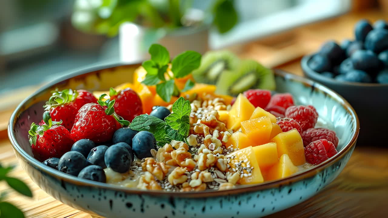 Delicious fruit and nut breakfast bowl. A colorful breakfast bowl filled with fresh fruits, nuts, and seeds, perfect for a healthy start to the day