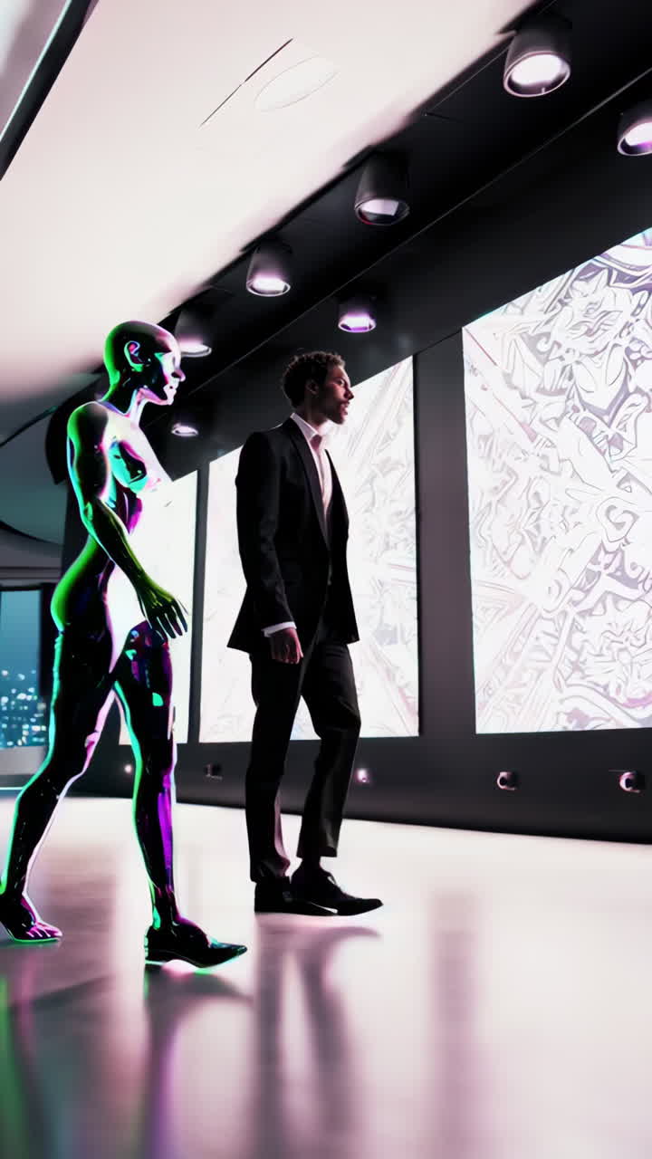Futuristic Encounters: Robots and Humans in a Neon City