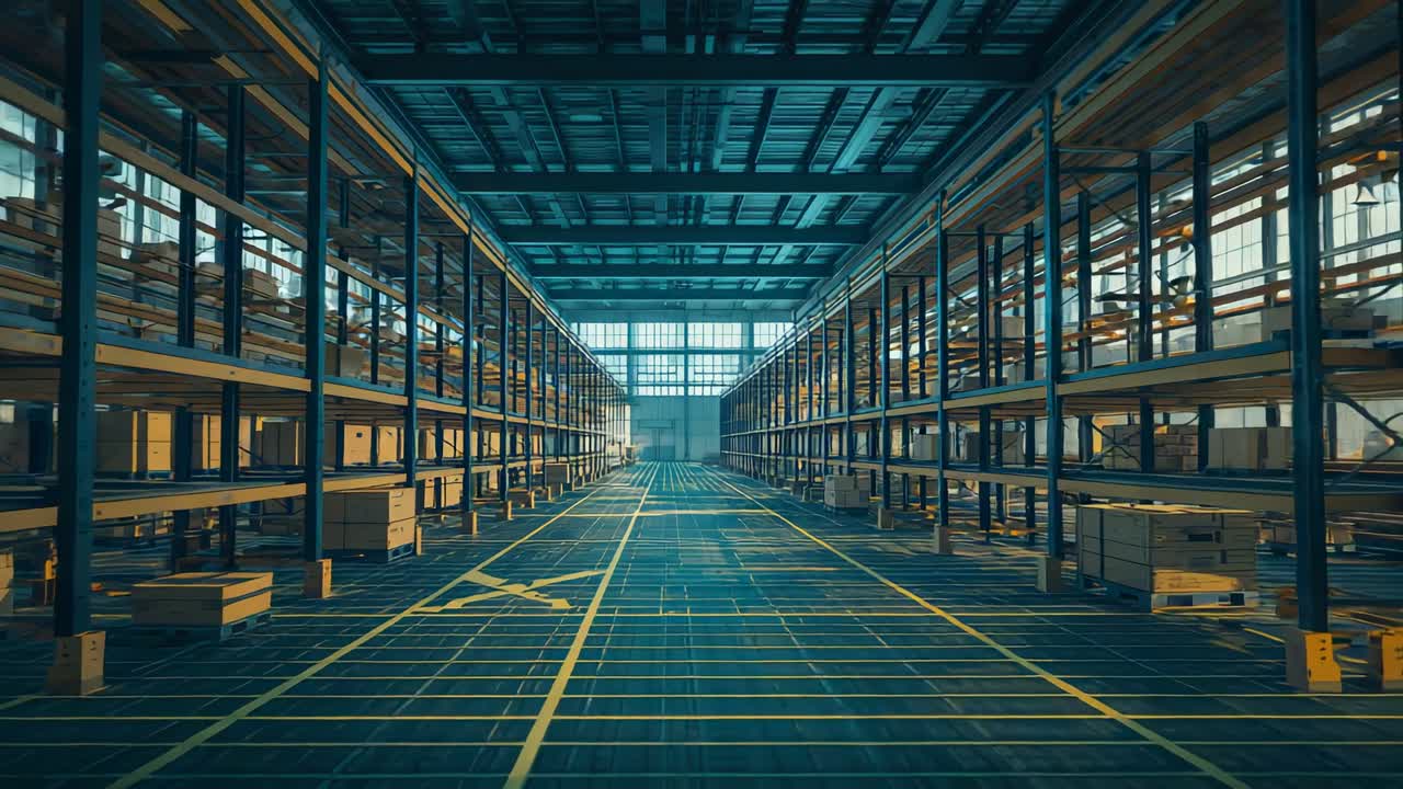 Beginning front-facing camera capturing storage aisle, with shelving racks windows and grid overlay