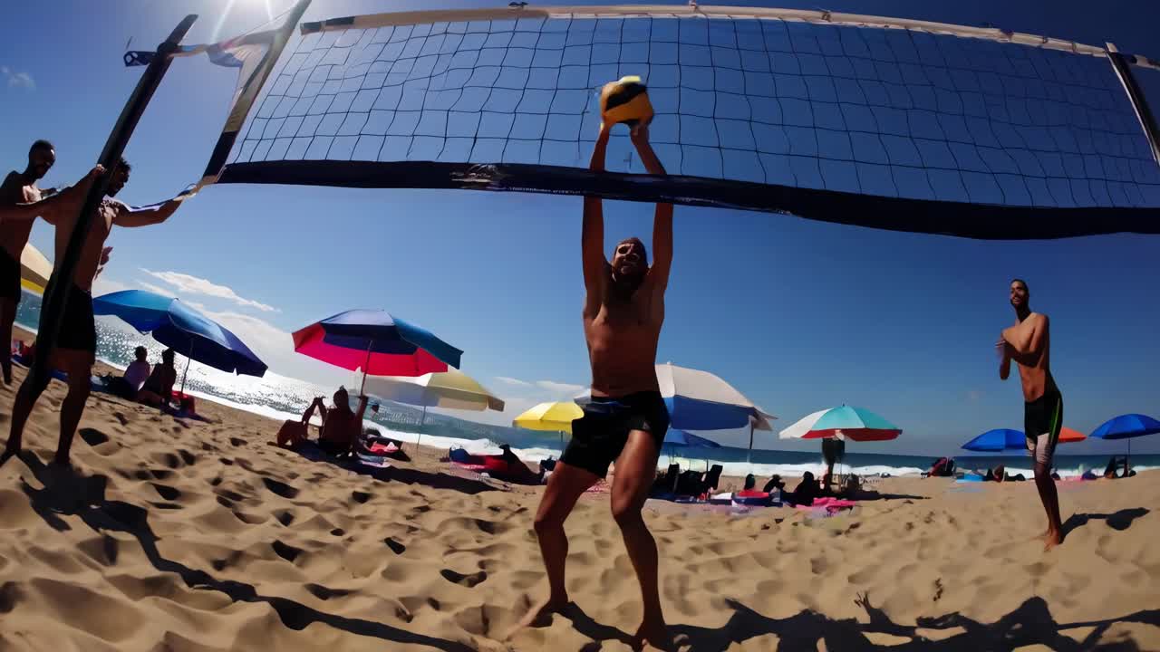 Toma de video gran angular de una playa soleada con sombrillas coloridas y gente relajándose.