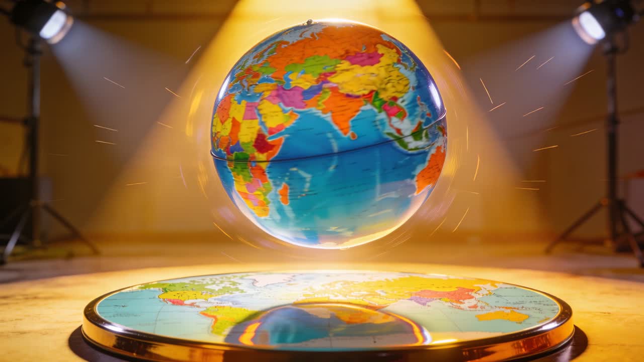 Globo colorato che levita e ruota sopra un palco da studio, con una base riflettente che si attiva per una dimostrazione di prodotto.