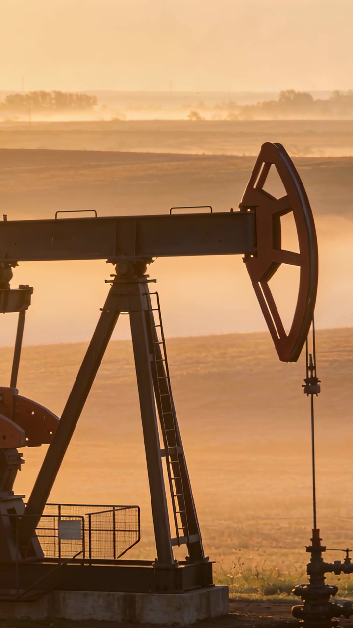 Vertical video: Engine driving pumpjack rocking and cycling on open plain, pumping oil to wellhead