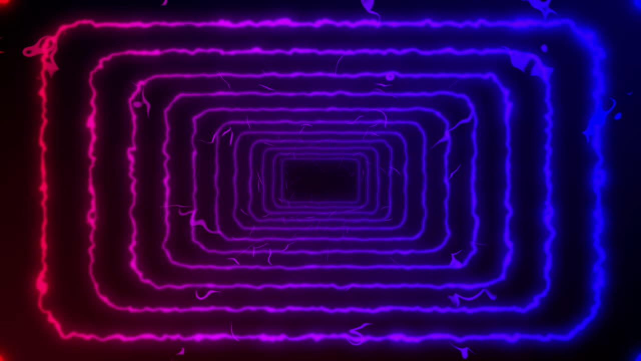 Animação de túnel retangular elétrico em estilo retrô nas cores vermelho e azul com partículas voando